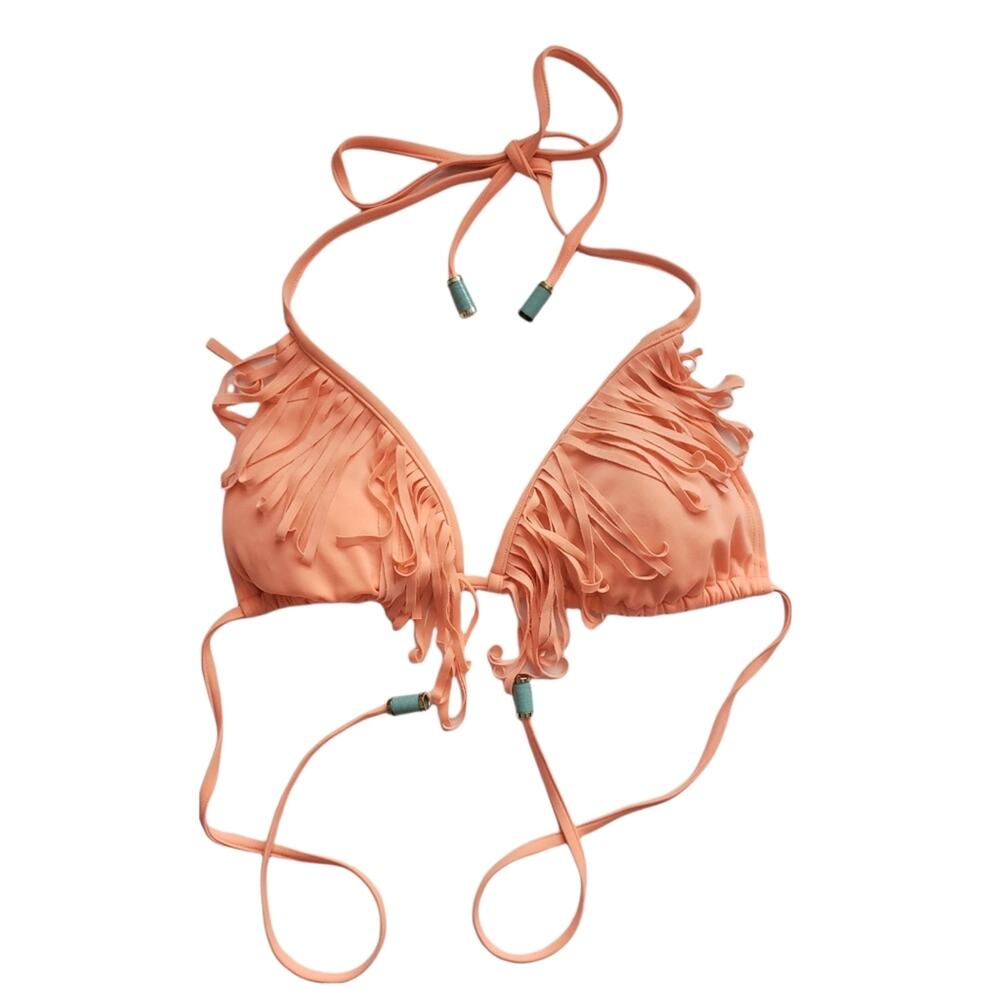H&M Coral Orange‎ Fringe Festival Beaded Triangle Bikini Swimsuit Top